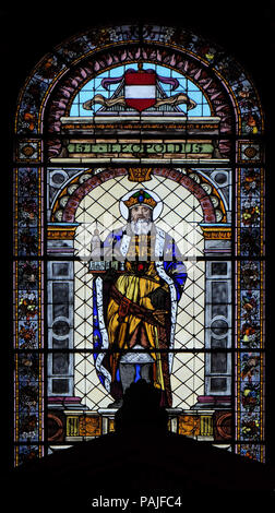 Stained glass portrait of St. Leopold in St. Stephen`s Basilica in Budapest, Hungary Stock Photo